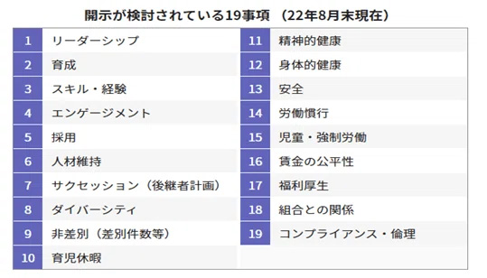 開示が検討されている19事項（22年8月末現在）